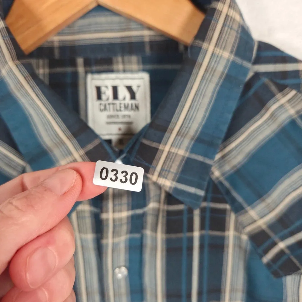 Ely Cattleman Mens XL Blue Plaid Western Short Sleeve Pearl Snap Cowboy Shirt